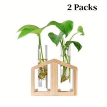 A Set de vidrio transparente Florero con tubo de ensayo Florero para hidropónico plantas , con planta estante con de madera Marco , puede ser como A Decoración para escritorios , , con Bonsái - transparente - Ver 10