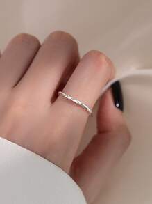 1pc 925 Sterling Silver Asymmetrical Wrinkled Texture Ring For Women, Minimalist Adjustable Open Index Finger Ring, Jewelry Gift - Silver - View 4