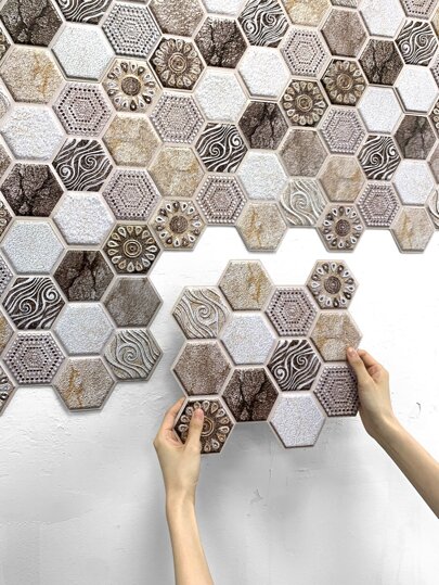 COMMOMY 1/10 件波西米亚风 3D 墙贴棕色六边形即剥即贴墙板几何自粘式厨房瓷砖后挡板加厚设计防水耐热浴室客厅卧室装饰墙室内墙面装饰