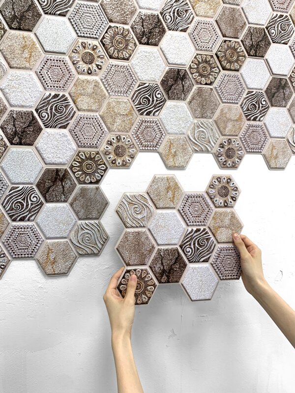 COMMOMY 1/10 Stücke bohemian 3D Wandaufkleber braune Hexagon Selbstklebende Wandpaneele, geometrisch, selbstklebend, Küchen Fliesenspiegel, dickeres Design, wasserbeständig und hitzeresistent, Badezimmer Wohnzimmer Schlafzimmer Akzentwand Innenraum Wanddekoration