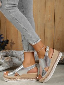 Sandalias De Tacón De Cuña De Fondo Grueso Para Mujer, Correa De Lazo De Dedo Con Suela Tejida, Sandalias De Moda Abiertas Detrás - Plateado - Ver 4