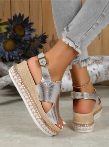 Sandalias De Tacón De Cuña De Fondo Grueso Para Mujer, Correa De Lazo De Dedo Con Suela Tejida, Sandalias De Moda Abiertas Detrás - Plateado - Ver 5