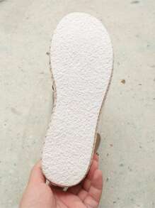 Sandalias De Tacón De Cuña De Fondo Grueso Para Mujer, Correa De Lazo De Dedo Con Suela Tejida, Sandalias De Moda Abiertas Detrás - Plateado - Ver 6