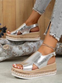 Sandalias De Tacón De Cuña De Fondo Grueso Para Mujer, Correa De Lazo De Dedo Con Suela Tejida, Sandalias De Moda Abiertas Detrás - Plateado - Ver 2