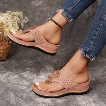 Women's Mesh Floral Thong Sandals, Minimalist Casual Platform Slip-On Flip Flops, New Popular Design - Pink - View 2