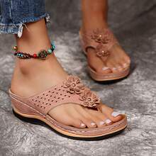 Women's Mesh Floral Thong Sandals, Minimalist Casual Platform Slip-On Flip Flops, New Popular Design - Pink - View 1