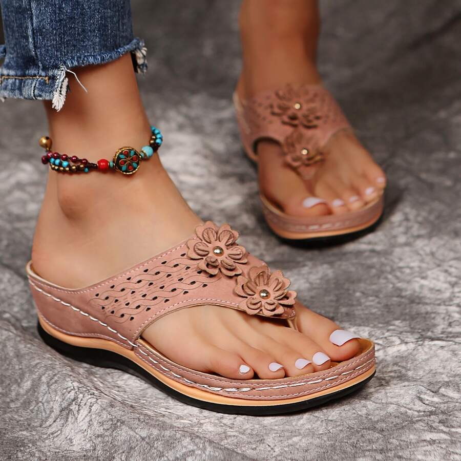 Women's Mesh Floral Thong Sandals, Minimalist Casual Platform Slip-On Flip Flops, New Popular Design - Pink - View 1