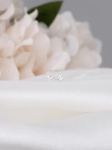 2pcs 925 Sterling Silver Heart-Shaped Earrings, Silver, Adorned With 3mm Shiny Zirconia, Women's Jewelry Valentines - Silver - View 4