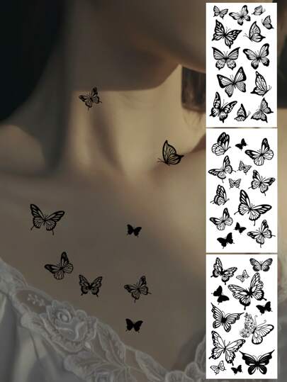 （3张/套）防水临时蝴蝶纹身贴纸，逼真性感纹身贴，男女通用