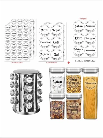 Kit 108 Etiquetas Adesivas Para Condimentos Potes Organizadores TRANSPARENTEEE