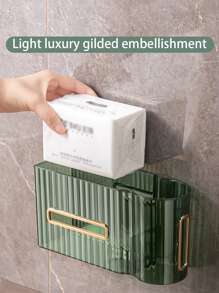Inventario De Liquidación, 1 Pieza De Caja De Papel Higiénico De Montaje En Pared Sin Perforación Con Diseño De Lujo, Caja De Almacenamiento De Bolsa De Basura De Papel Higiénico 2-en-1, Estante De Almacenamiento De Papel Higiénico Del Hogar - Verde Oscuro - Ver 3
