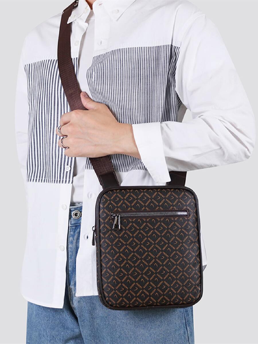 棕色男士斜挎包PVC單肩包男士斜挎包防水耐磨輕便通勤商務休閒適合男士白領高管 - 棕色 - 查看 1