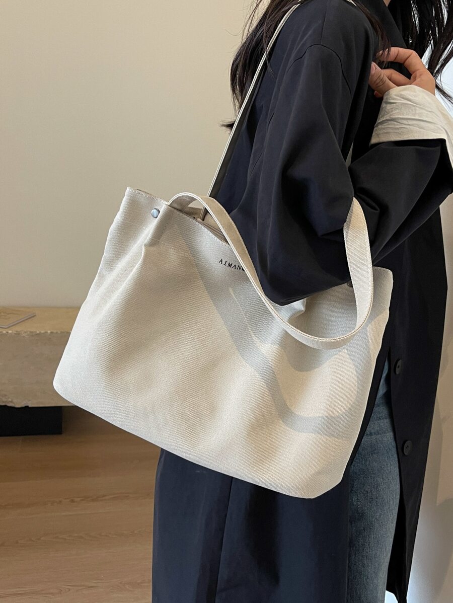 時尚和多用途帆布大容量托特包 - 米色 - 查看 1