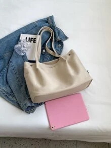 時尚和多用途帆布大容量托特包 - 米色 - 查看 3