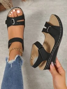2023 Fashionable And Comfortable Women Black Wedge & Thick Sole Sandals