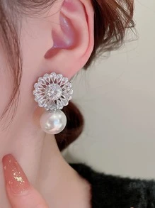 1 par de pendientes de mujer románticos con perla artificial, pendientes femeninos delicados de plata como joyería elegante de regalo para fiesta de Halloween