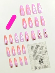 24入組優雅,浪漫和簡約風格法語美甲和假指甲套裝帶橘色邊,紅色鑽石,花,樹和樹葉圖案 - 彩色 - 查看 2