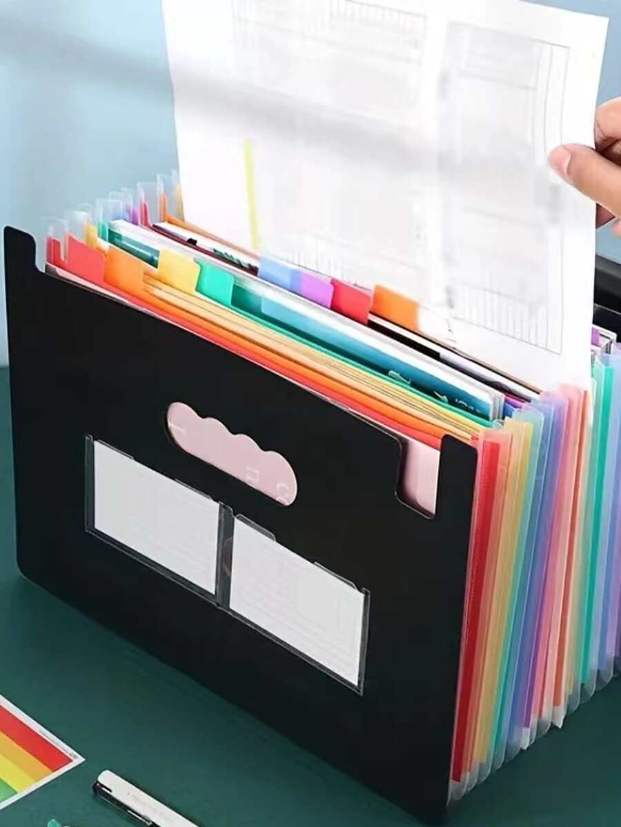 1pc Expandable File Folder, 13/25 Pockets Accordion Folder, Portable Plastic Document Organizer - Black - View 1
