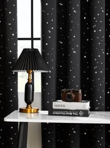 1 件遮光窗帘，纯色，带金属星形图案，涤纶混纺，遮光、隔热、防紫外线，适用于卧室、客厅、阳台 - 黑色 - 查看 1