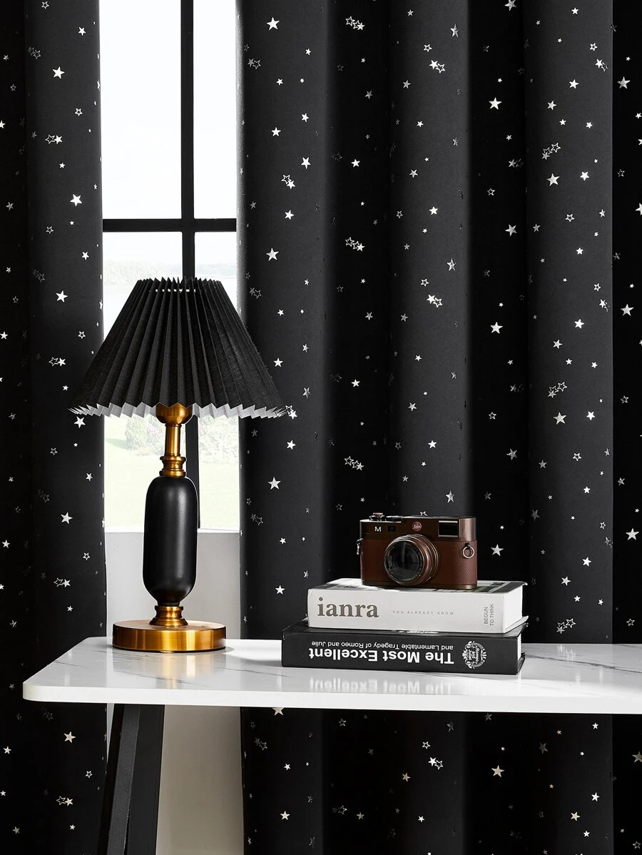 1 件遮光窗帘，纯色，带金属星形图案，涤纶混纺，遮光、隔热、防紫外线，适用于卧室、客厅、阳台 - 黑色 - 查看 1