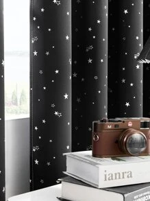 1 件遮光窗帘，纯色，带金属星形图案，涤纶混纺，遮光、隔热、防紫外线，适用于卧室、客厅、阳台 - 黑色 - 查看 4