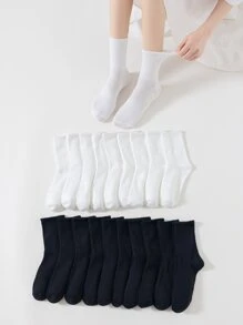 20 Pairs Black & White Two Tone Basic Women's Mid-calf Socks, Breathable & Odor Resistant