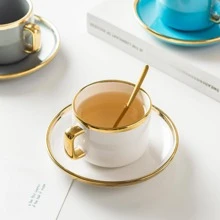 1件套白色杯子,碟子和湯匙帶金色邊 - 白色 - 查看 1