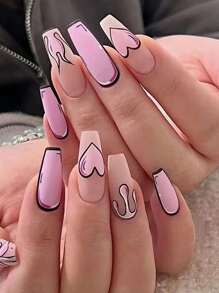24pcs Long Coffin Press-On Nails Fun Manga Style Frosted Pink Heart Bow Flame Kitten Full Coverage Painted Press-On Nails Suitable For Ladies And Girls Press On Nails Nail Supplies - Multicolor - View 2