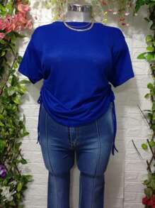 Double Drawstring Round Neck Blouse - Cadet Blue - View 1