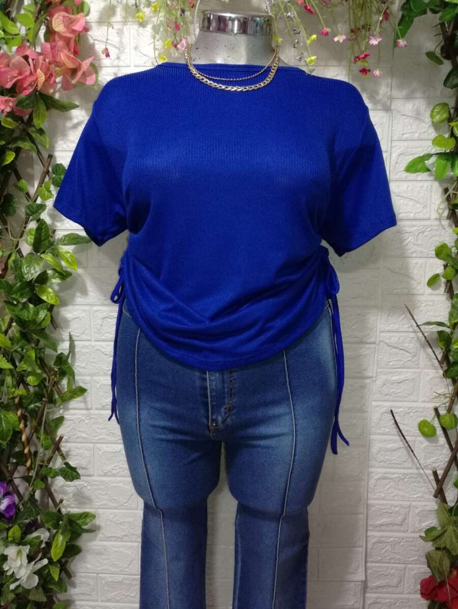 Double Drawstring Round Neck Blouse - Cadet Blue - View 1