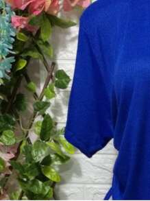 Double Drawstring Round Neck Blouse - Cadet Blue - View 3