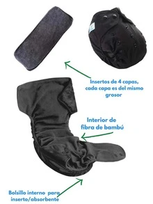 BABYBAMBOO Reusable Bamboo Cloth Diaper + 2 Inserts 4 Layers Of Microfiber - Black - View 2