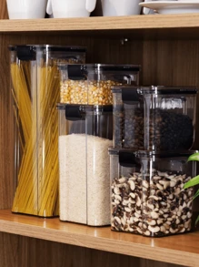 Kit Set Of 5 Airtight Acrylic Square Stackable Jars With Seal And Transparent Lock For Spaghetti Food Groceries Cereal Fruit Rice Beans Coffee Cold Cuts Vegetables