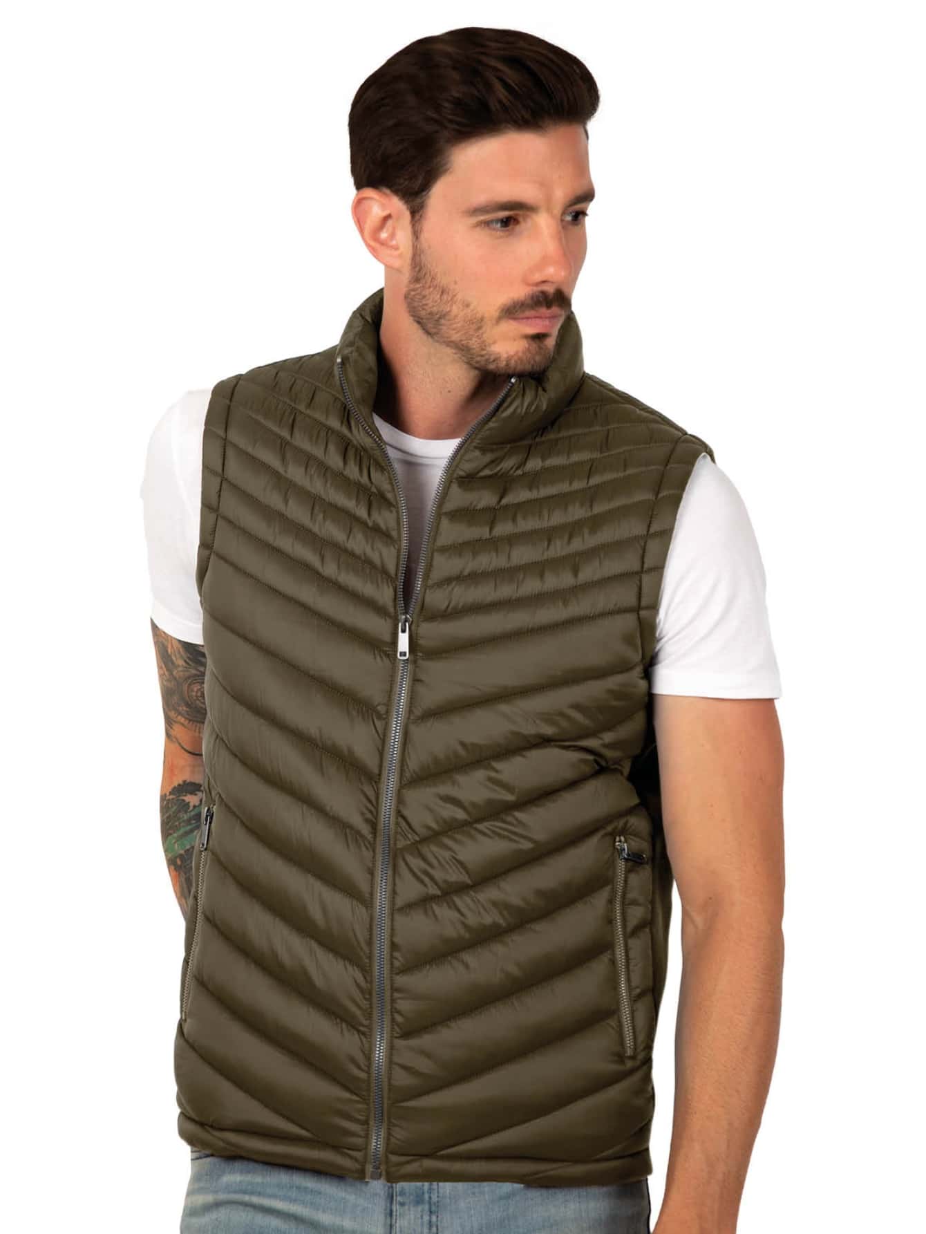 Vest For Men Quilted Lightweight Repellent Casual Basic - Olive Green - View 1