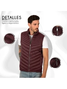 Chaleco para Hombre Capitonado Ligero Diferentes colores Chaleco Liso Estilo Casual Básico Con Cierre - Burdeos - Ver 3
