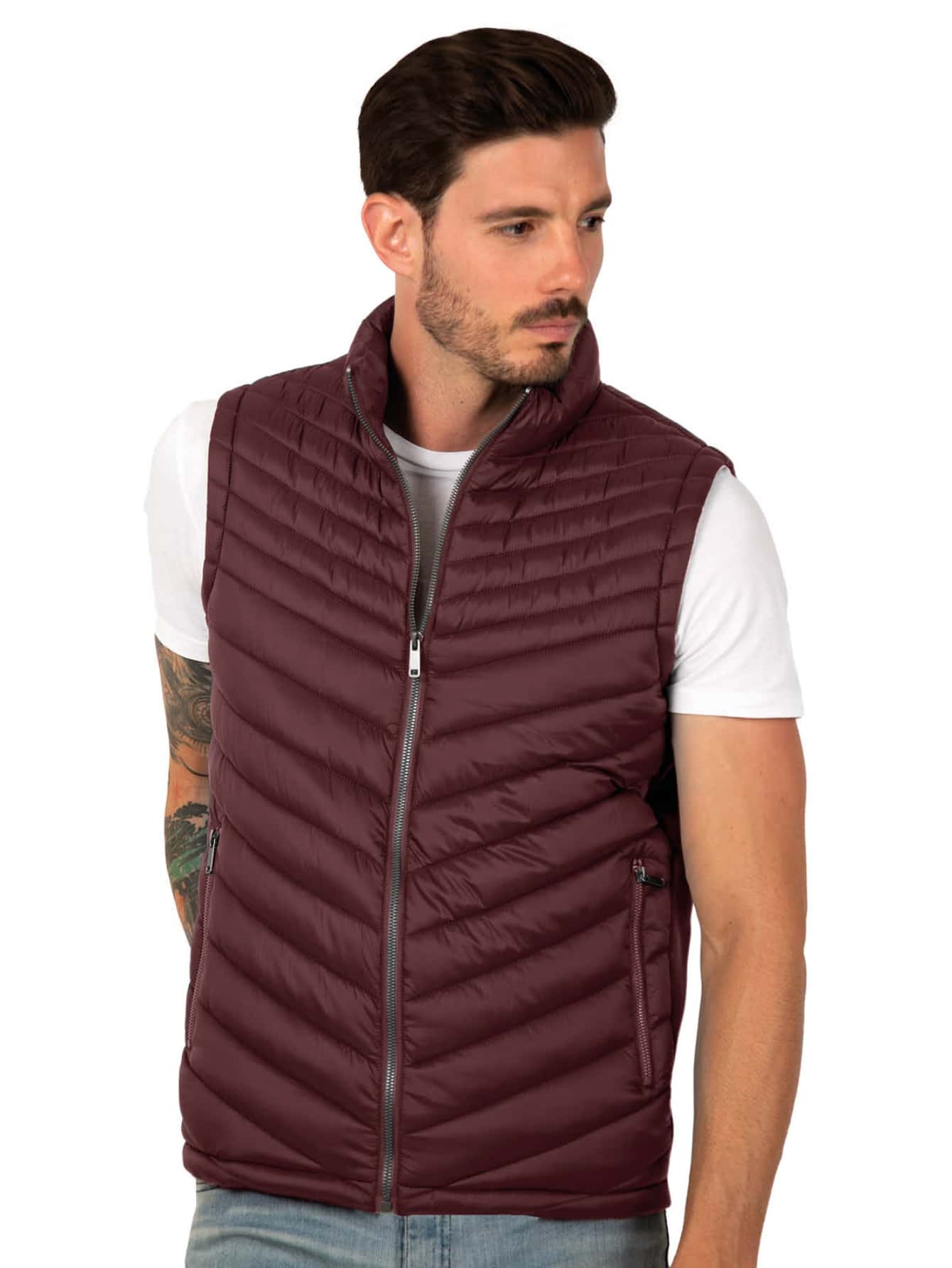 Chaleco para Hombre Capitonado Ligero Diferentes colores Chaleco Liso Estilo Casual Básico Con Cierre - Burdeos - Ver 1