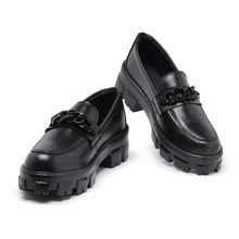 Mocassim Feminino Corrente Dourada Moderno Confortável - Preto - Visão 3