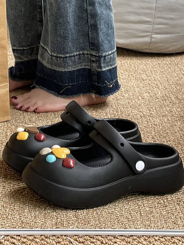 Women's Flower Decor Thick Sole Flat Sandals, Slide And Comfortable