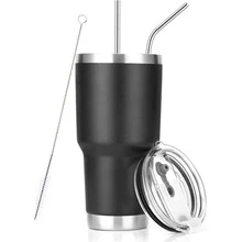 30oz Tumbler Stainless Steel Double Wall Vacuum Insulated Mug with Straw and Lid, Cleaning Brush for Cold and Hot Beverages - 黑色 - 查看 4