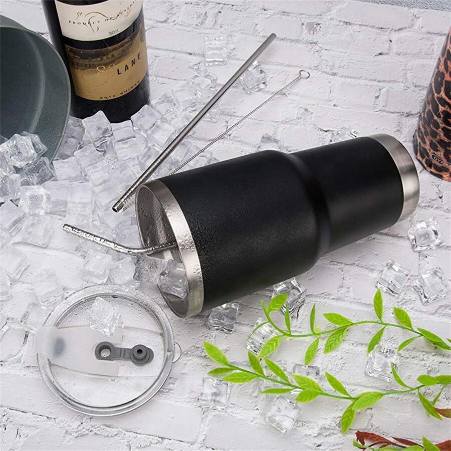 30oz Tumbler Stainless Steel Double Wall Vacuum Insulated Mug with Straw and Lid, Cleaning Brush for Cold and Hot Beverages - 黑色 - 查看 1