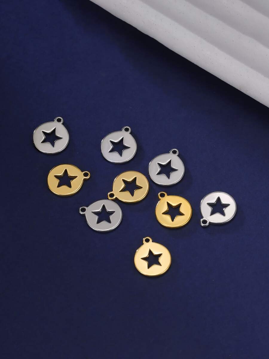 5入組/包不銹鋼圓形形狀鏤空星星吊墜迷你吊墜配件 - 銀色 - 查看 1