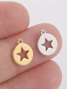 5入組/包不銹鋼圓形形狀鏤空星星吊墜迷你吊墜配件 - 銀色 - 查看 2