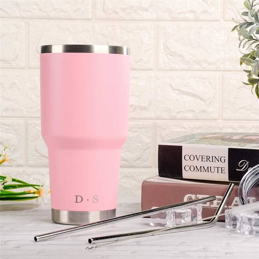 30oz Tumbler Stainless Steel Double Wall Vacuum Insulated Mug with Straw and Lid, Cleaning Brush for Cold and Hot Beverages - 粉色 - 查看 1