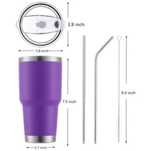 30oz Tumbler Stainless Steel Double Wall Vacuum Insulated Mug with Straw and Lid, Cleaning Brush for Cold and Hot Beverages - 紫色 - 查看 2
