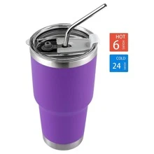30oz Tumbler Stainless Steel Double Wall Vacuum Insulated Mug with Straw and Lid, Cleaning Brush for Cold and Hot Beverages - 紫色 - 查看 3