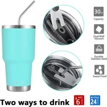 30oz Tumbler Stainless Steel Double Wall Vacuum Insulated Mug with Straw and Lid, Cleaning Brush for Cold and Hot Beverages - 薄荷綠 - 查看 2