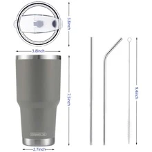 30oz Tumbler Stainless Steel Double Wall Vacuum Insulated Mug with Straw and Lid, Cleaning Brush for Cold and Hot Beverages - 灰色 - 查看 2