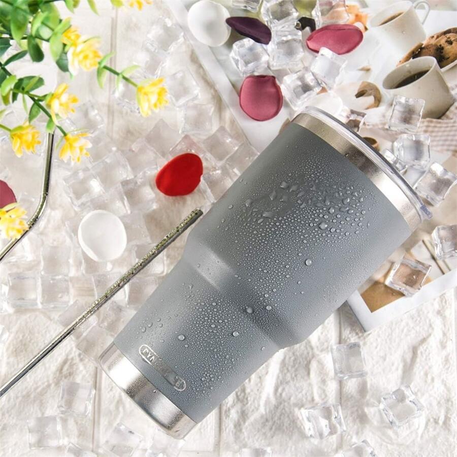 30oz Tumbler Stainless Steel Double Wall Vacuum Insulated Mug with Straw and Lid, Cleaning Brush for Cold and Hot Beverages - 灰色 - 查看 1