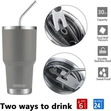 30oz Tumbler Stainless Steel Double Wall Vacuum Insulated Mug with Straw and Lid, Cleaning Brush for Cold and Hot Beverages - 灰色 - 查看 5