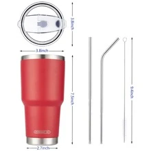 30oz Tumbler Stainless Steel Double Wall Vacuum Insulated Mug with Straw and Lid, Cleaning Brush for Cold and Hot Beverages - 紅色 - 查看 2
